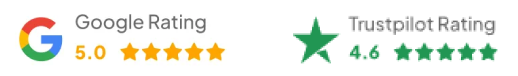 Google-Bewertung 5.0 und Trustpilot-Bewertung 4.6 mit Sternen.
